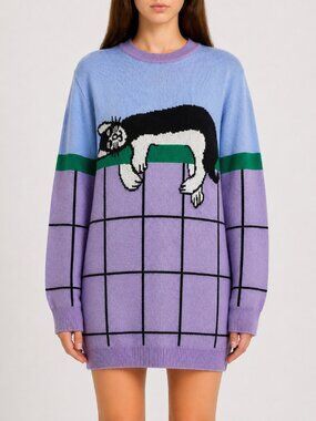 Vivetta Italy Wool Cat Intarsia Sweater Dress Lavender Blue Grid 38 IT